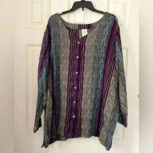 Roarnan’s  Plus Size 34W 100%Cotton Purple , Green , yellow stripes Tunic Top